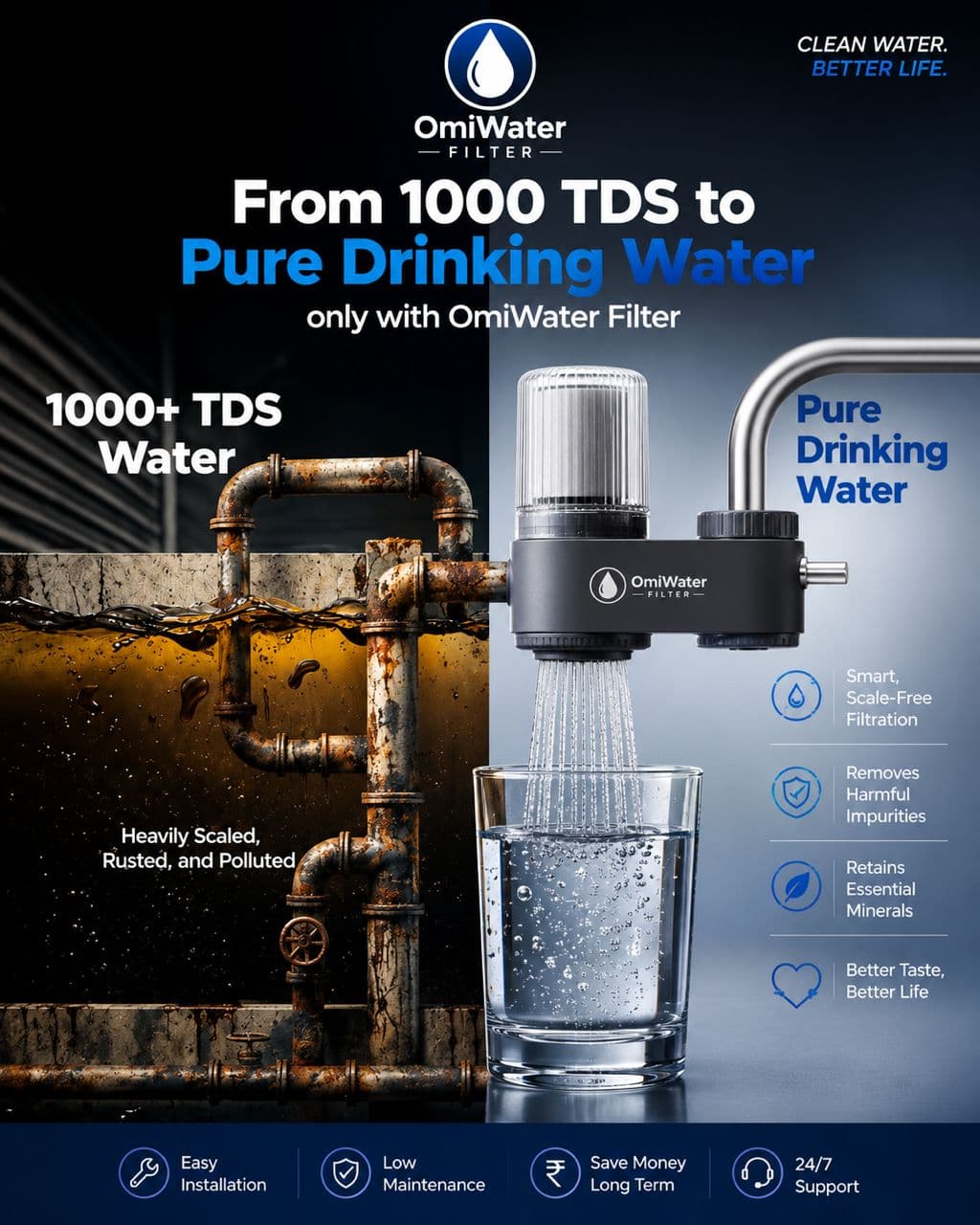OmiWater filter turning 1000+ TDS, heavily scaled and polluted water into pure, clean drinking water